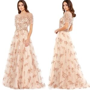 Mac Duggal EMBELLISHED ILLUSION CAP SLEEVE A LINE GOWN size 8 NEW $998